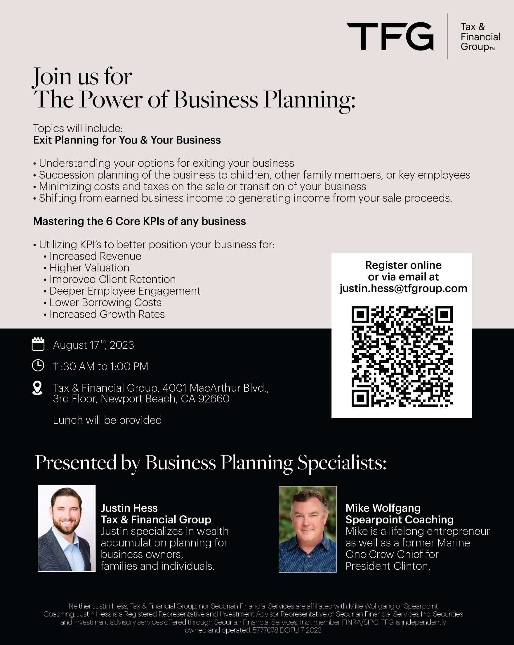 The Power of Business Planning Presented by: Tax & Financial Group and Spearpoint Coaching