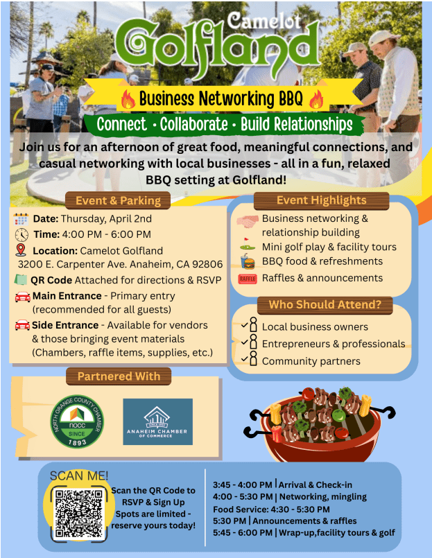 You’re Invited! Free Camelot’s Community BBQ, Networking & Mini Golf – April 2nd