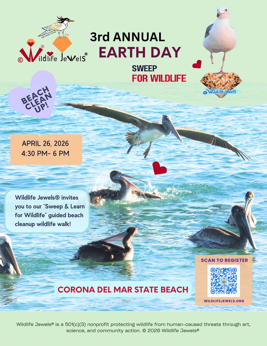 Join Wildlife Jewels for our 3rd Annual Earth Day Sweep & Learn for Wildlife Walk at Corona del Mar State Beach.