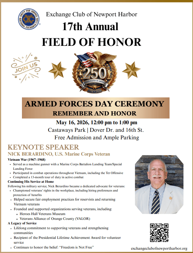Exchange Club of Newport Harbor - 17th Annual FIELD OF HONOR - ARMED FORCES DAY CEREMONY