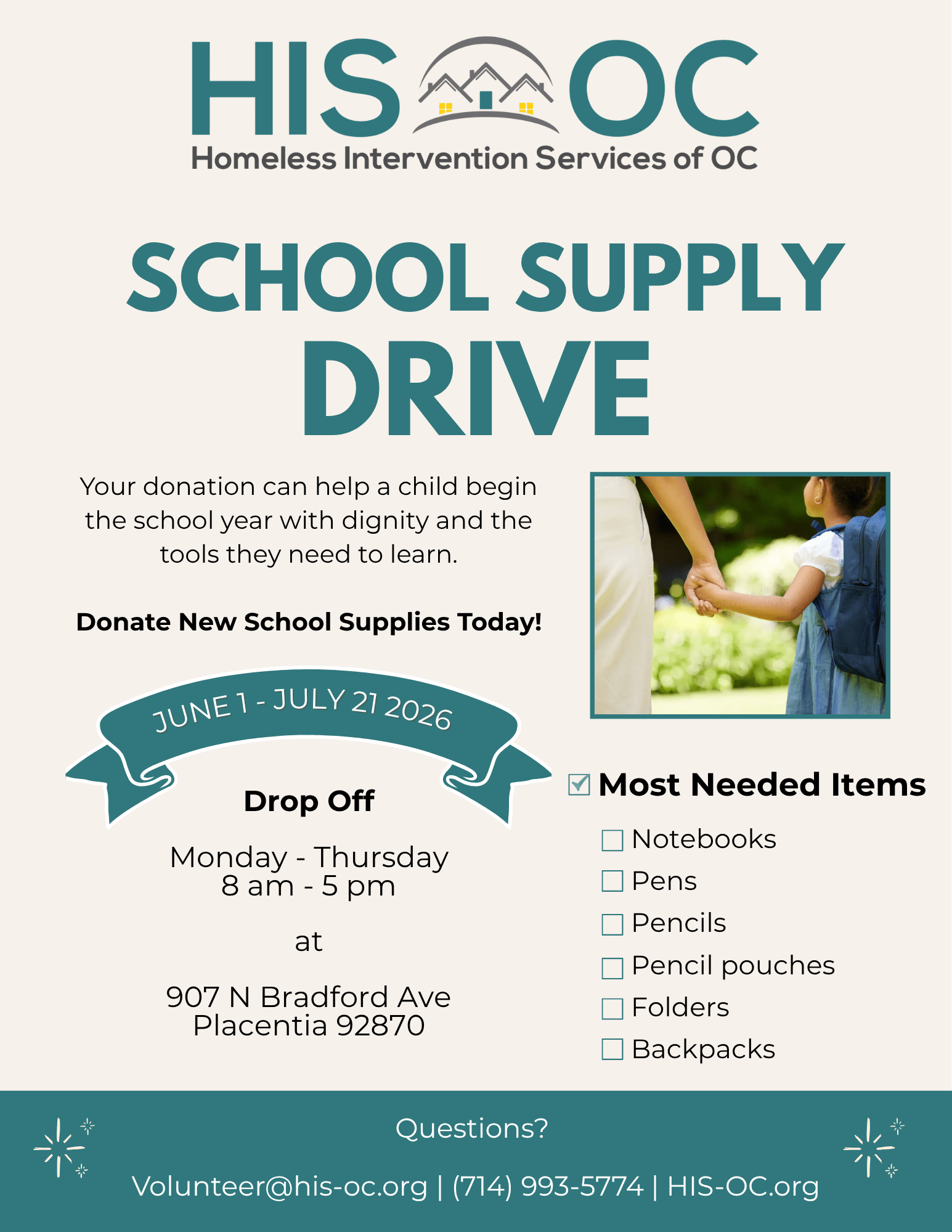 Homeless Intervention Services of Orange County (HIS-OC) Back to School Drive