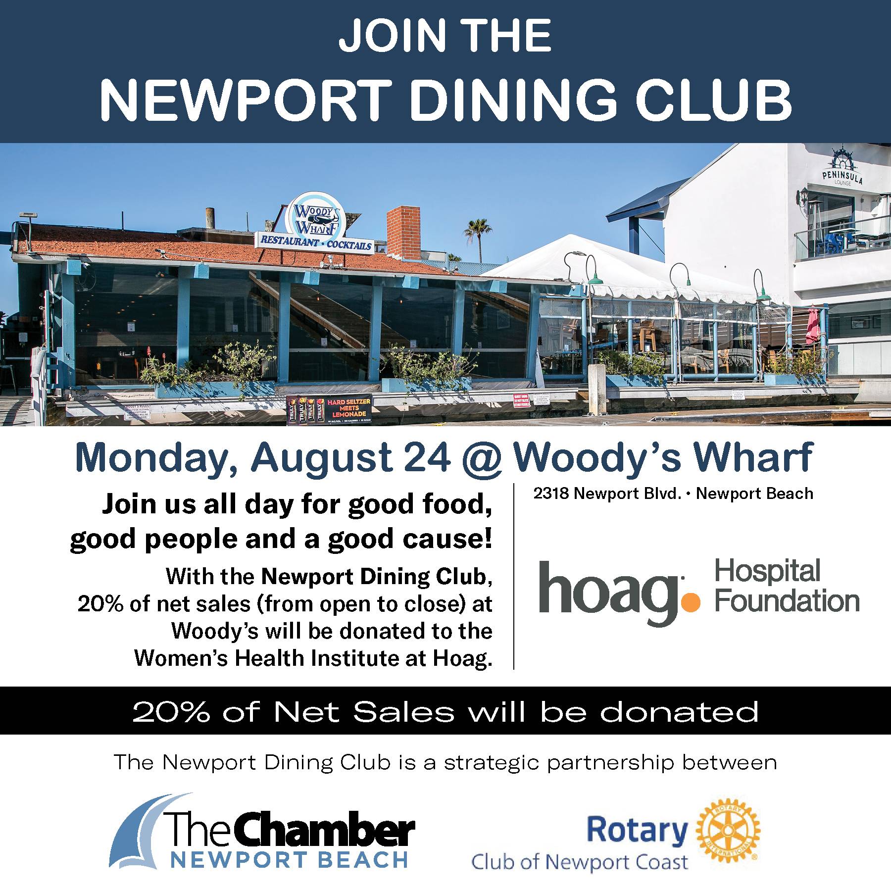 Join the Newport Dining Club at Woody's Wharf to benefit the Women's Health Institute at Hoag