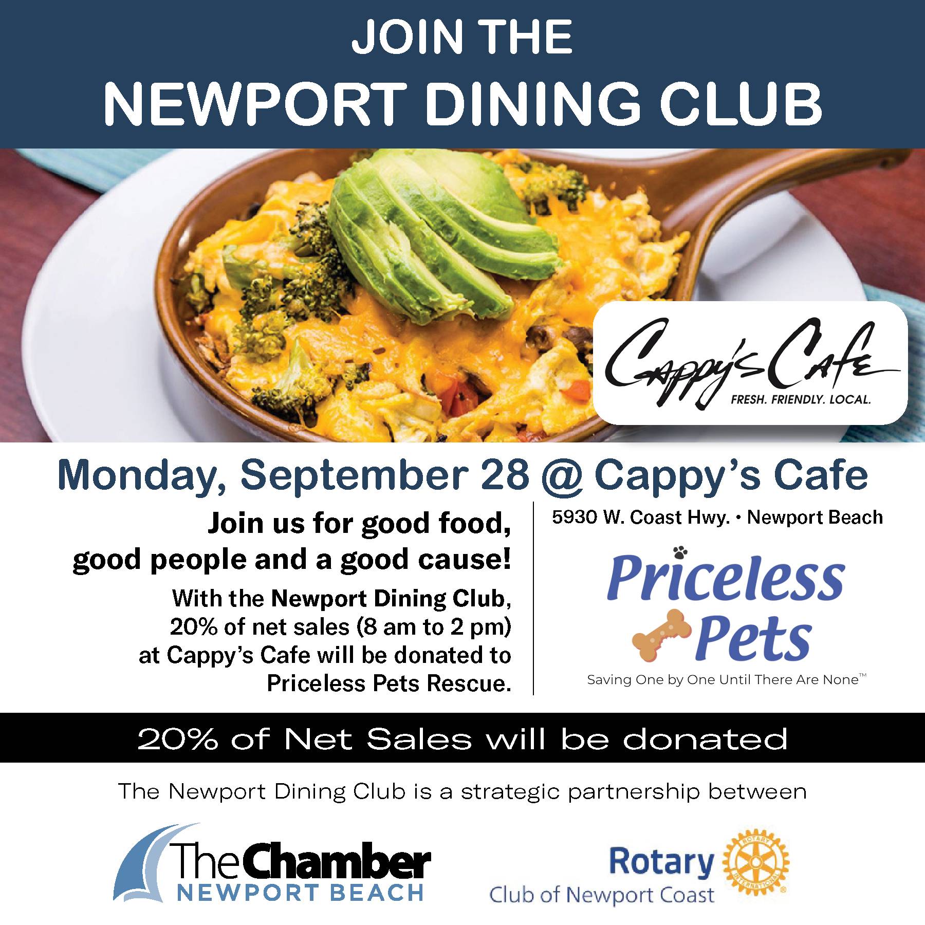 Join the Newport Dining Club at Cappy's Cafe to benefit Priceless Pets Rescue