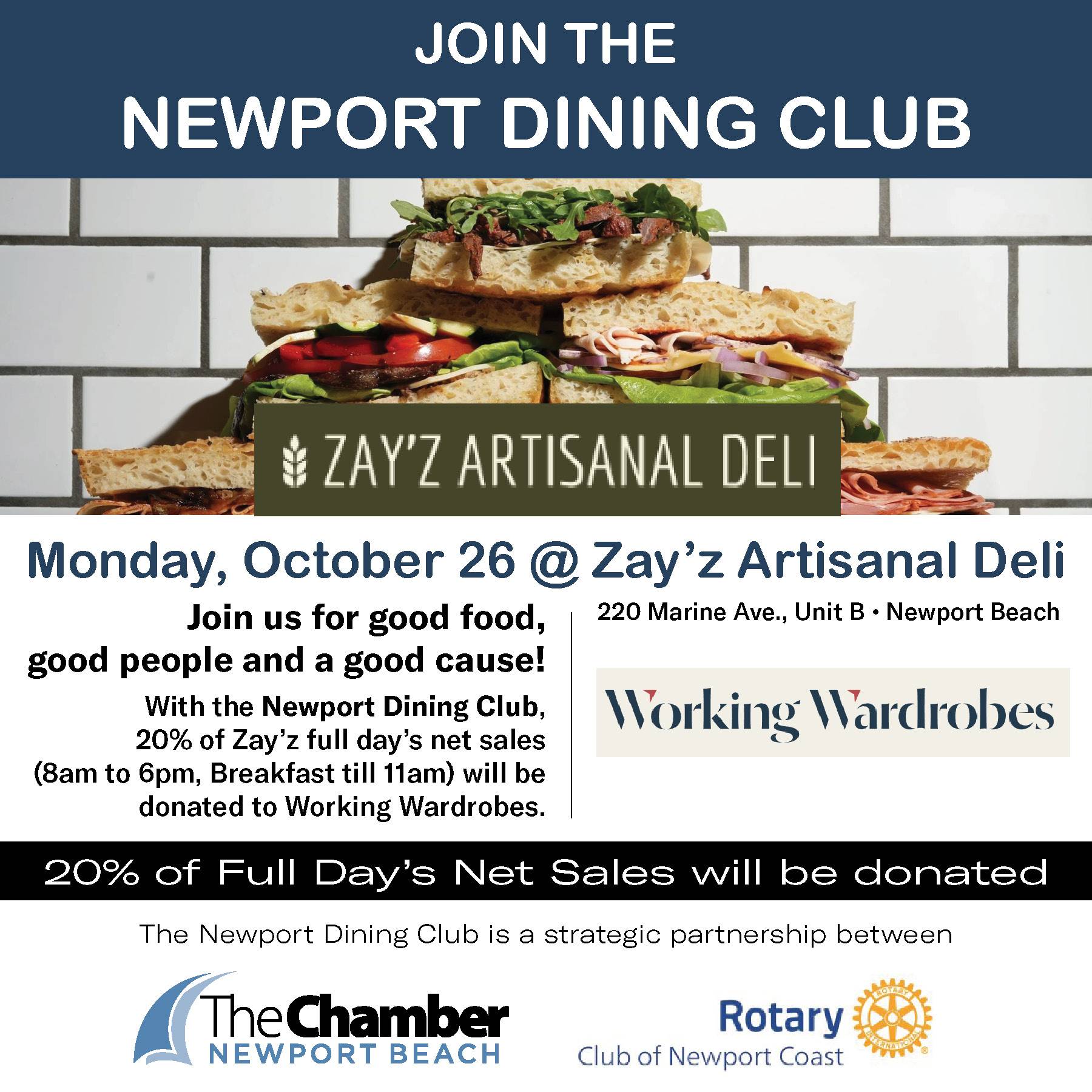 Join the Newport Dining Club at ZAY'Z ARTISANAL DELI to benefit WORKING WARDROBES